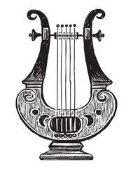 Sketch of ancient stringed musical instrument lyre, black and white vector hand drawing isolated on white - 745224522
