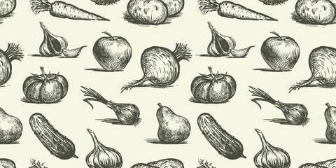 Seamless vector pattern of set different ripe vegetables and fruit sketches, drawn background for paper,textile,wallpaper - 745224532