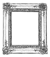Sketch of decorative carved wooden  frame in vintage style, vector hand drawing isolated on white - 745224580