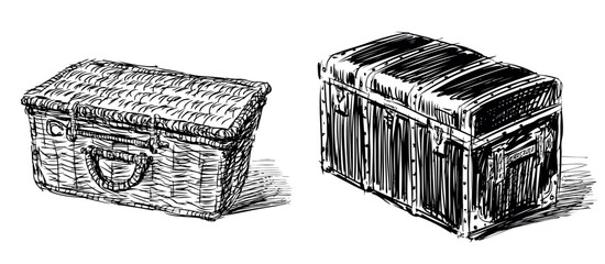 Sketches of picnic basket and old wooden chest, vector black and white hand drawings isolated on white
