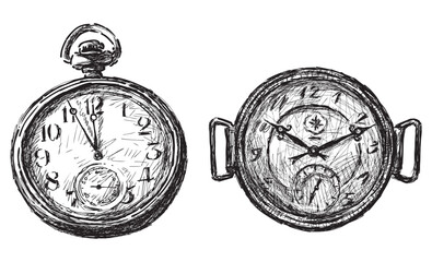 Sketches of old pocket watch and wristwatch, vector hand drawing isolated on white - 745224729