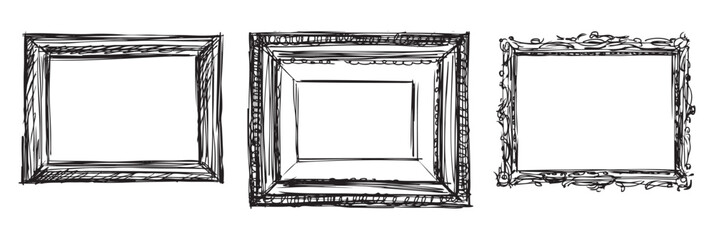 Sketches of set three wooden frames in retro style, vector hand drawing isolated on white - 745224765