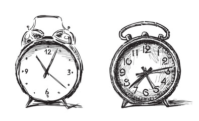 Sketches of two obsolete alarm clocks, vector hand drawing isolated on white - 745224776