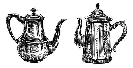 Sketches of two old metal metal tea pots with handles and covers, black and white vector hand drawing isolates on white - 745224787