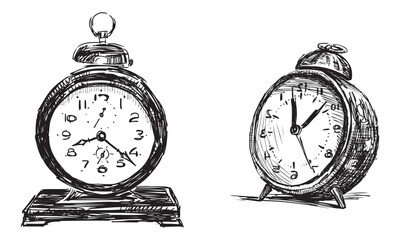 Sketches of two old alarm clocks, vector hand drawing isolated on white - 745224789