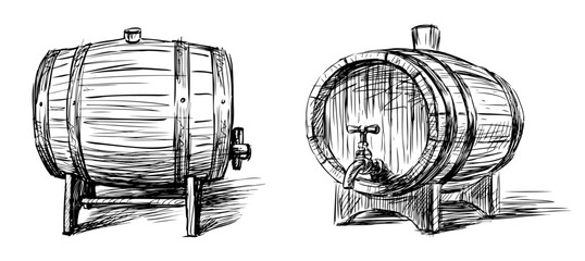 Sketches of two old wooden wine barrels for wine making, black and white vector hand drawing isolated on white - 745224794