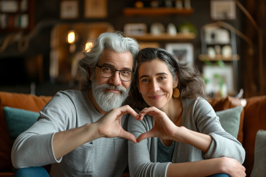 Close up portrait happy sincere middle aged couple making heart gesture with fingers, showing love or demonstrating sincere feelings and emotions