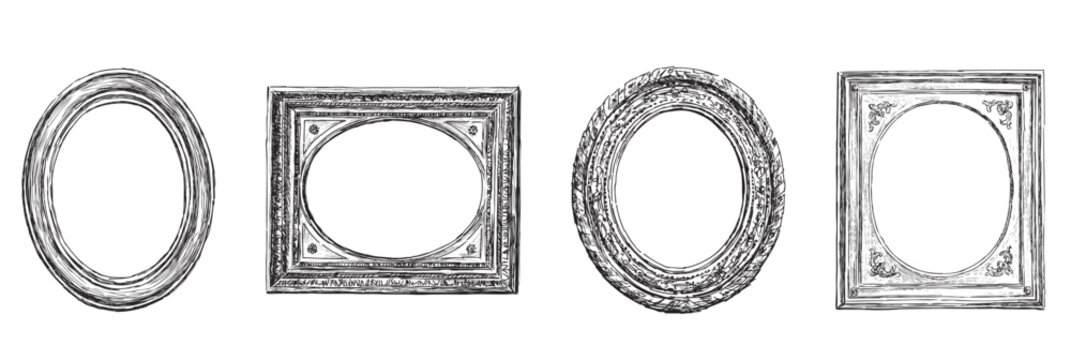 Sketches of set four oval wooden frames in retro style, vector hand drawings isolated on white