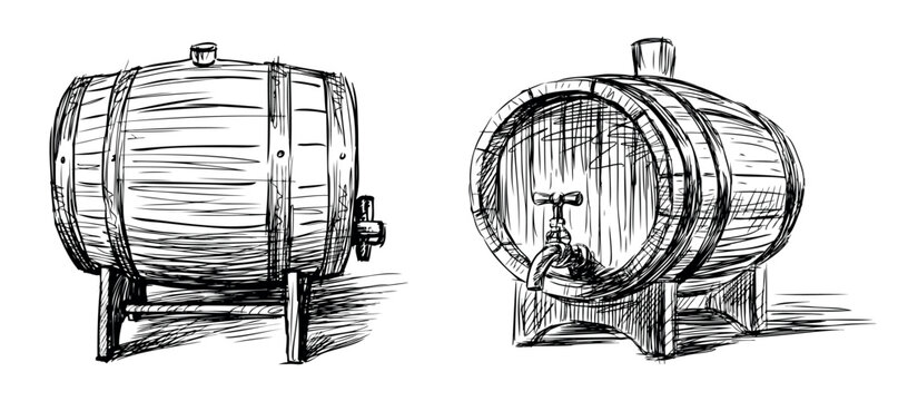 Sketches of two old wooden wine barrels for wine making, black and white vector hand drawing isolated on white