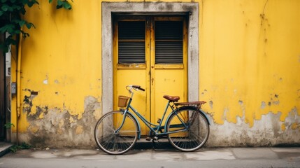 Fototapeta na wymiar Bicycle parked by closed entrance doors