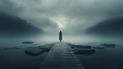 Generative AI A person standing alone on a mist-shrouded dock. Moody and mysterious atmosphere, solitary figure amidst fog