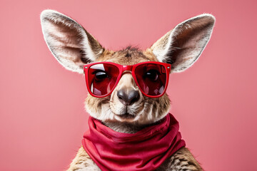A kangaroo wearing sunglasses and a red bandana