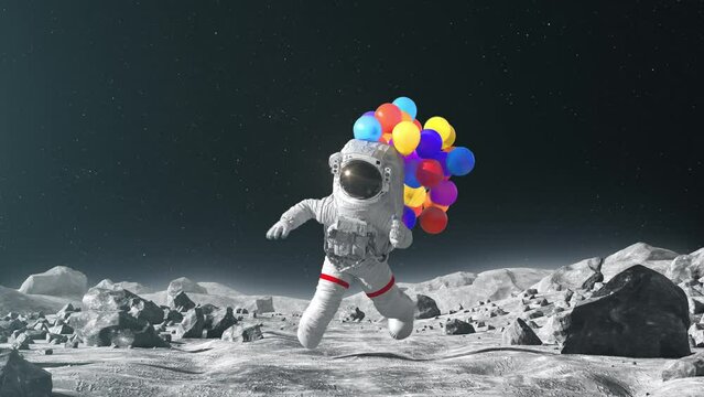Astronaut Jumping on the Moon with Colorful Balloons and Funny Falls at the End, Beautiful Conceptual 3D Animation, 4K 3840x2160