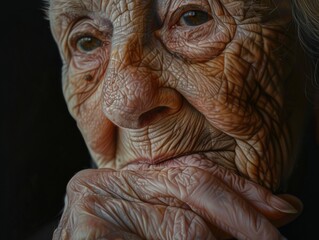 Intimate Close-Up Portrait of a Thoughtful Senior Woman with Hand on Chin