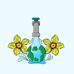 illustration for international water day, faucet, world and plants, can be used for posters, flyers