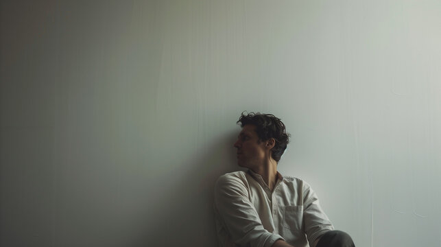 A sad, depressed man sitting in front of a white wall alone. only one man. unhappy melancholic state.	