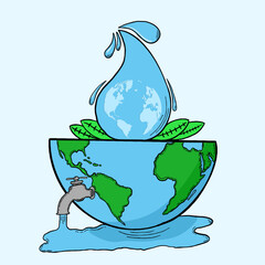 illustration for international water day, world, faucet, water droplets and leaves, can be used for posters, flyers