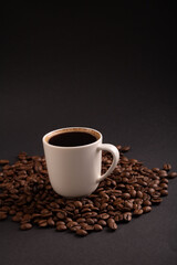 espresso, seed, freshness, taste, bean, food, aromatic, background, grain, breakfast, break, closeup, aroma, hot, rustic, black background, cup, beverage