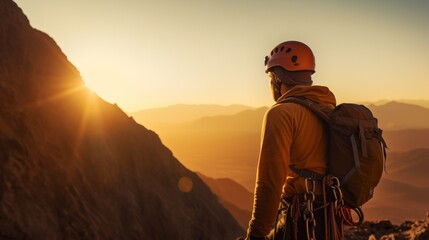 Climber in protective helmet hanging on mountain - obrazy, fototapety, plakaty