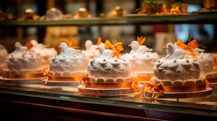 Festive cakes adorned with dove figures and orange ribbons bask in warm lighting, their creamy...
