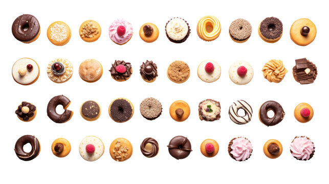 set and collection. chocolate cake, cupcakes, red velvet cake, apple pie, macarons, pretzel, donut, isolated on transparent and white background.PNG image