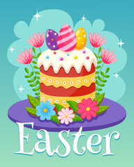 Easter cake with eggs and flowers. Vibrant vector illustration of an easter cake adorned with eggs and spring flowers on a cheerful background. Greeting card, poster, holiday background.