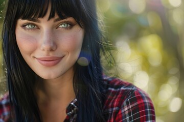 Smiling Woman with Long Black Hair and Bangs in Plaid Flannel Shirt Outdoors