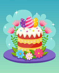 Easter cake decorated with painted eggs and flowers. Christian symbol of the spring holiday of Easter. Greeting card, poster, holiday background. Vector illustration.