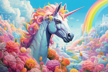 Step into a vibrant fantasy with this magical unicorn amidst blooming flowers