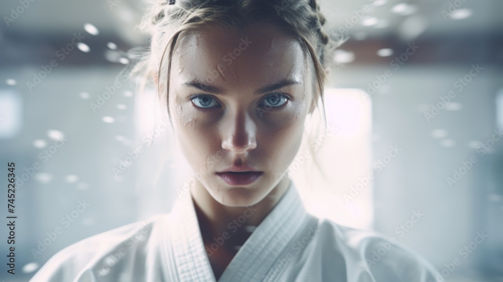 Poster generative ai a scene capturing the concentration and dedication of a girl in a kimono during rigoro
