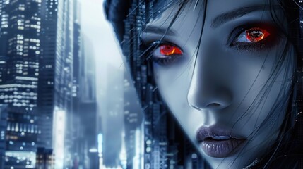 Woman's face with mysterious red eyes on city background - obrazy, fototapety, plakaty