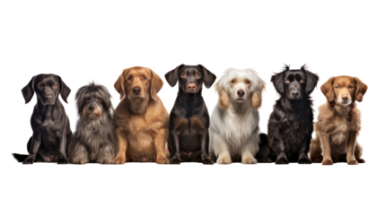 Group of dogs sitting isolated on transparent and white background.PNG image