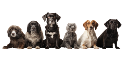 Group of dogs sitting isolated on transparent and white background.PNG image