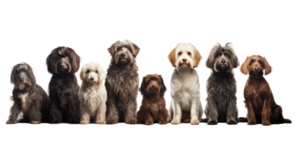 Group of dogs sitting isolated on transparent and white background.PNG image
