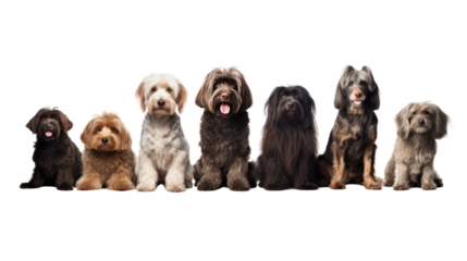 Group of dogs sitting isolated on transparent and white background.PNG image