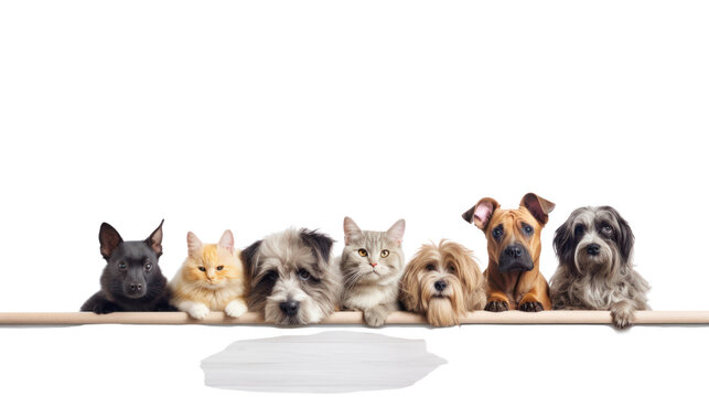 Group of pets leaning together on a empty web banner isolated on transparent and white background.PNG image.