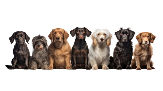 Group of dogs sitting isolated on transparent and white background.PNG image