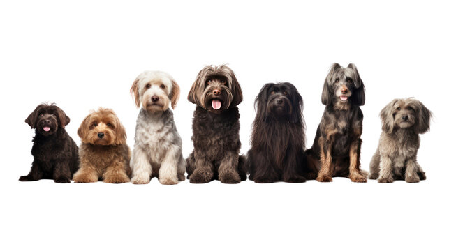 Group of dogs sitting isolated on transparent and white background.PNG image
