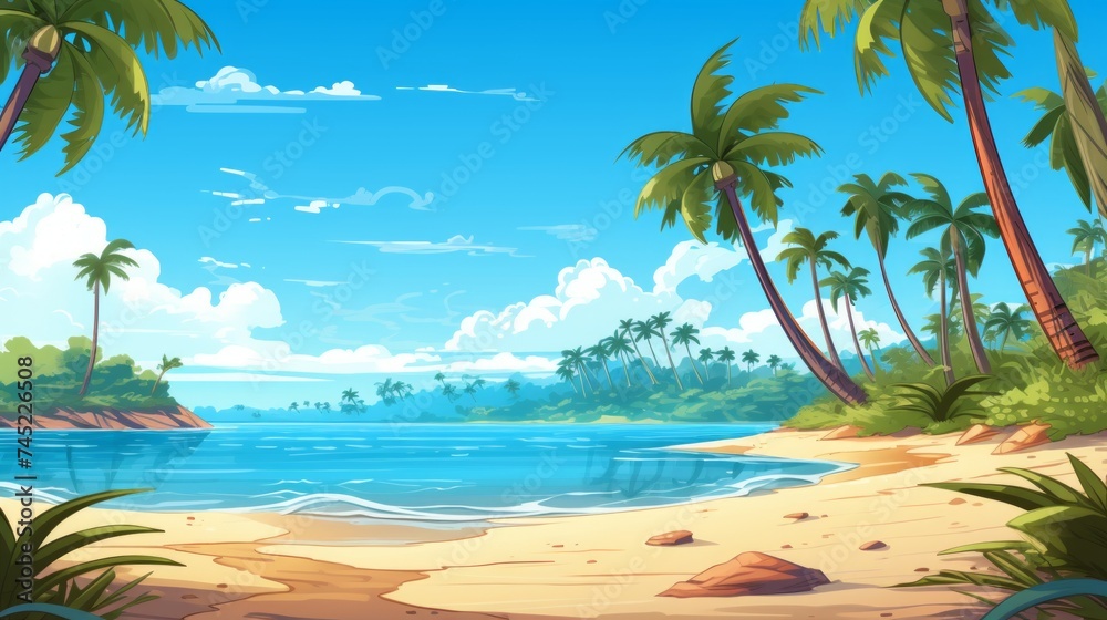 Poster generative ai a serene beach with palm trees and crystal-clear waters. landscape vector cartoon grap