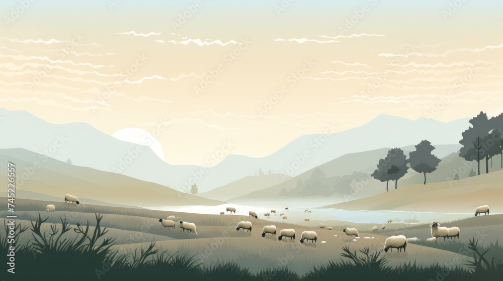 Poster generative ai a serene, fog-covered moorland with grazing sheep. vector cartoon graphic