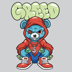 Teddy Bear Rich Streetwear Graffiti Cartoon illustration. Vector graphic for t-shirt prints and posters