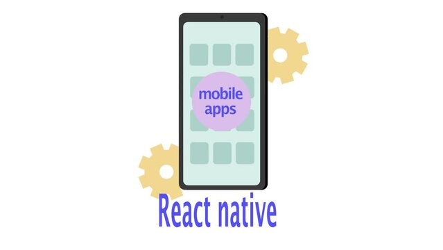 App development concept. Moving  smartp,mobile App on the screen,moving gears in the background. React native mobile application. Programming and coding. Graphic animated shows the use of react native