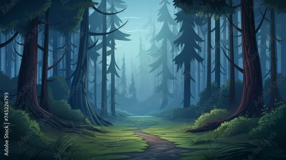 Poster Generative AI A serene, mist-covered forest with tall trees and a hidden path. vector cartoon graphic