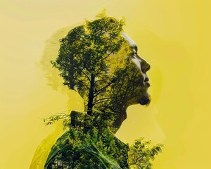 Double exposure blend mode Bad sideGen Z Yellow AI and sustainability blend creating a vivid forward thinking approach to eco conscious living