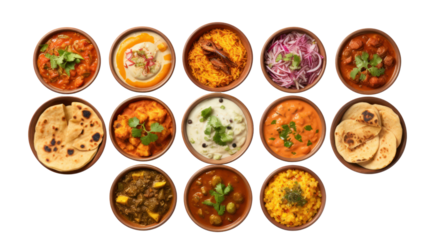 Indian traditional food set, top view. pizza, hummus, biryani, chicken curry, momos, isolated on transparent and white background.PNG image