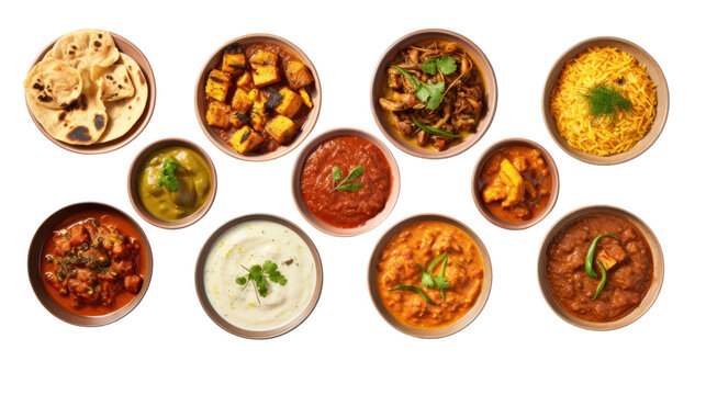 Indian traditional food set, top view. pizza, hummus, biryani, chicken curry, momos, isolated on transparent and white background.PNG image