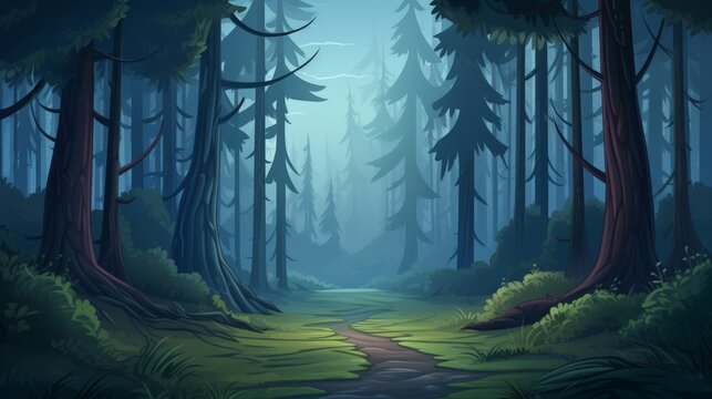 Generative AI A serene, mist-covered forest with tall trees and a hidden path. vector cartoon graphic