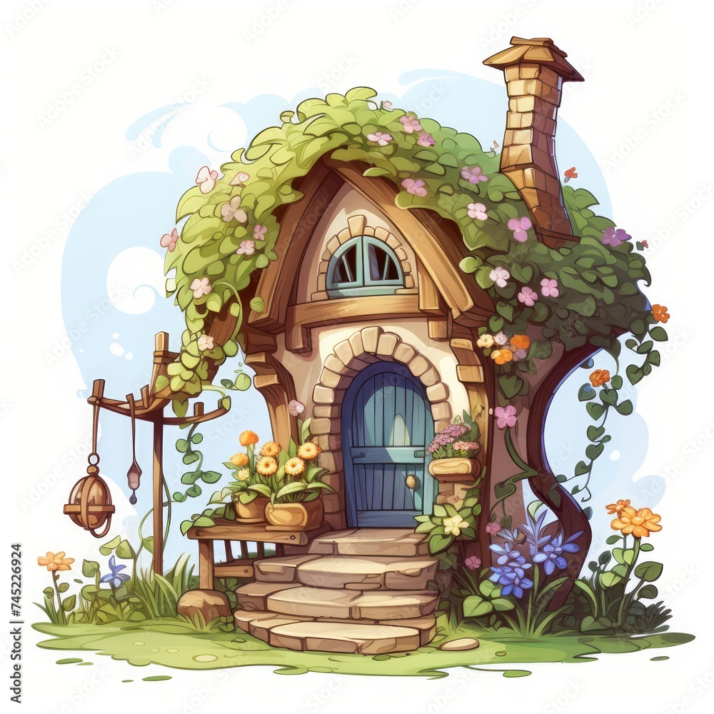 Poster Generative AI A small fairytale dwelling featuring a charming arbor and a serene backyard.
