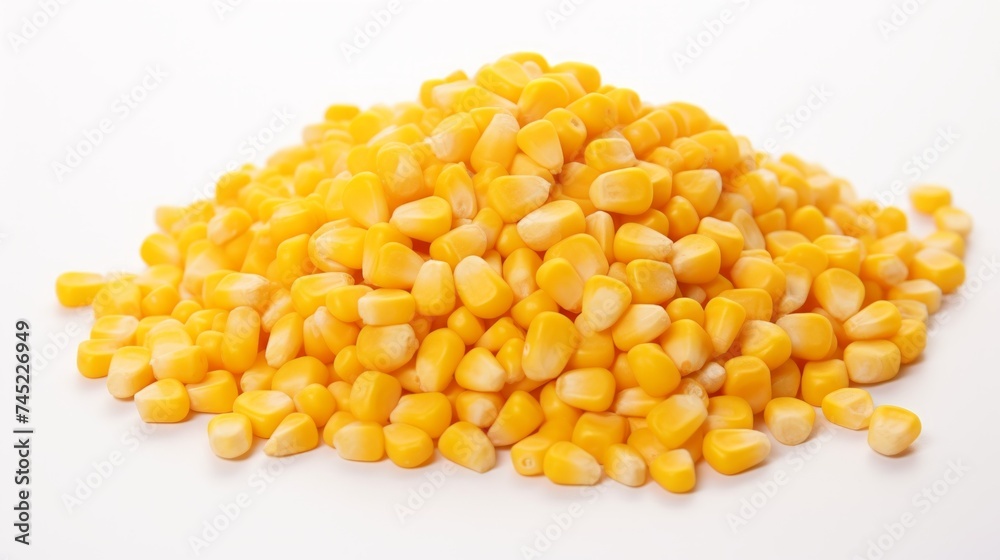 Poster A small heap of corn kernels captured in a close-up realistic photo against a white background Generative AI