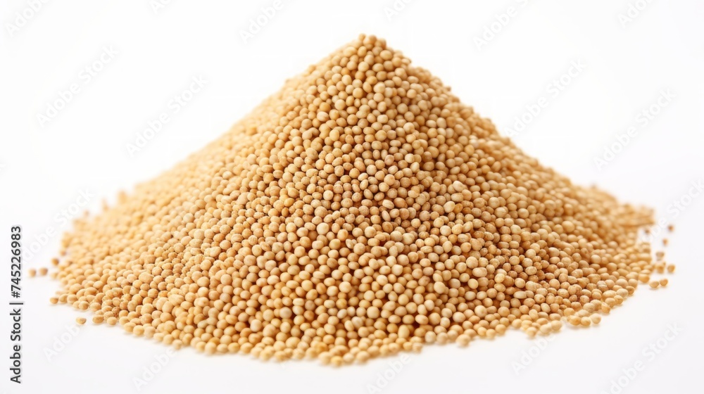 Poster a small mound of quinoa seeds captured in a close-up realistic photo against a white background gene